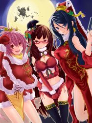  3girls bare_shoulders black_hair black_legwear blue_eyes blush breasts brown_eyes brown_hair cai_wenji china_dress chinese_clothes christmas cleavage commentary_request dress earrings elbow_gloves full_moon glasses gloves hair_ornament hat highres jewelry large_breasts looking_at_viewer mittens moon multiple_girls night oui photoshop_(medium) pink_eyes pink_hair reindeer sangokushi_taisen santa_costume side_slit smile suzu_(greed-cube) thighhighs xin_xianying zettai_ryouiki 