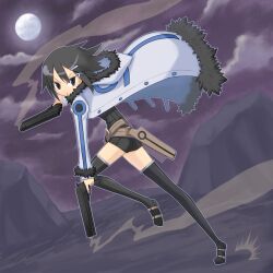  asagiri_asagi belt black_eyes black_hair black_shorts black_thighhighs blush boots commentary_request disgaea dual_wielding female full_moon fur_trim gun hair_ornament hairclip handgun highres holding holster hood hoodie kurakumo_nue moon nippon_ichi open_mouth running short_hair short_shorts shorts solo thigh_boots thighhighs weapon 