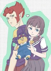  1boy amagi_daichi armband bad_id bad_pixiv_id female genei_gakuen inazuma_eleven_(series) inazuma_eleven_go kousaka_yukie long_hair mahoro_tadashi photoshop_(medium) purple_eyes purple_hair red_hair school_uniform serafuku shimanekoken side_ponytail smile soccer_uniform sportswear stuffed_toy 