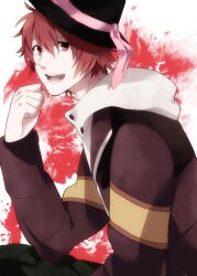  1boy bad_id bad_pixiv_id hat ittoki_otoya male_focus photoshop_(medium) red_background red_eyes red_hair sitting solo tarou_(run) top_hat uta_no_prince-sama 