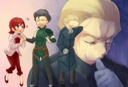  2boys ahoge black_hair blonde_hair blush chibi commentary_request diarmuid_ua_duibhne_(lancer)_(fate) fate/zero fate_(series) female gloves heart kayneth_el-melloi_archibald kinosaki_(green_patio) multiple_boys red_eyes red_hair sola-ui_nuada-re_sophia-ri tears zoom_layer 