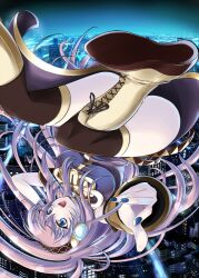  blue_eyes boots cityscape commentary_request female foreshortening headphones highres long_hair megurine_luka nail_polish night pink_hair skirt solo thighhighs upside-down vocaloid yuki_mizore 