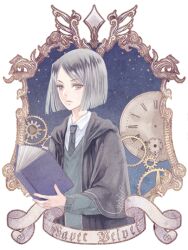  1boy bad_id bad_pixiv_id black_eyes black_hair bob_cut book character_name clock command_spell fate/zero fate_(series) gears holding holding_book male_focus necktie night night_sky open_book photoshop_(medium) robe sky solo tamaki_mitsune waver_velvet 