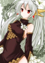  bad_id bad_pixiv_id bare_shoulders china_dress chinese_clothes detached_sleeves dragon dress earrings female horns jewelry original red_eyes smile solo syno white_hair 