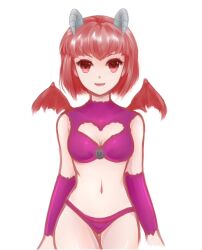  arm_warmers bat_wings breasts cleavage cleavage_cutout clothing_cutout crop_top elaizy female halterneck heart heart_cutout horns lips medium_breasts midriff monster_farm navel panties pixie_(monster_farm) purple_arm_warmers purple_panties red_eyes red_hair solo thigh_gap underwear wings 