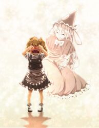  2girls ^_^ aged_down apron blonde_hair blush bow capelet closed_eyes commentary_request crying ghost_tail hat hat_ribbon headpat highres kachayori kirisame_marisa lolicon long_hair mima_(touhou) multiple_girls open_mouth ribbon rubbing_eyes shirt skirt skirt_set smile sobbing tears touhou touhou_(pc-98) vest 