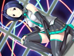  ahoge commentary_request cosplay detached_sleeves dutch_angle female hatsune_miku hatsune_miku_(cosplay) idolmaster idolmaster_(classic) kneeling miura_azusa muhi11234 short_hair solo thighhighs vocaloid zettai_ryouiki 