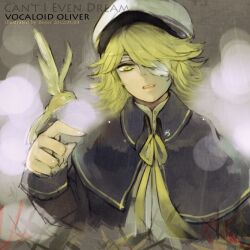  1boy bird blonde_hair blurry bokeh commentary_request depth_of_field eyepatch hat highres james_(vocaloid) male_focus neikusa oliver_(vocaloid) one_eye_covered open_mouth photoshop_(medium) sailor_hat solo vocaloid yellow_eyes 