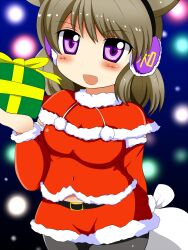  alternate_costume bad_id bad_pixiv_id black_pantyhose blush brown_hair earmuffs female highres motsu_(selshia12) pantyhose purple_eyes purple_hair santa_costume solo touhou toyosatomimi_no_miko 