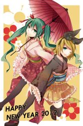  2012 2girls blonde_hair commentary_request green_eyes green_hair hair_ribbon happy_new_year hatsune_miku highres japanese_clothes kagamine_rin kimono long_hair multiple_girls new_year noka_(blackheart1118) oil-paper_umbrella one_eye_closed pantyhose ribbon sandals smile thighhighs twintails umbrella vocaloid 