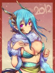  2012 bikini bikini_top_only blue_hair breasts commentary_request dragon_girl dragon_tail female horns kara_(color) large_breasts long_hair looking_at_viewer monster_girl original pink_eyes pointy_ears smile solo swimsuit tail 