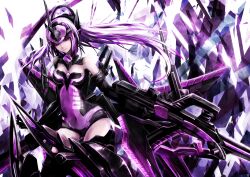  :i arnval_mk2_tempesta bare_shoulders breasts busou_shinki cleavage commentary expressionless female headgear highres huge_weapon leotard light_purple_hair long_hair looking_down mecha_musume medium_breasts navel painfultree purple_background purple_hair red_eyes solo weapon 