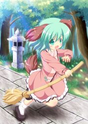  :d animal_ears bamboo_broom blush broom commentary_request day dress female full_body grass green_eyes green_hair holding holding_broom kasodani_kyouko long_sleeves oerba_yun_fang open_mouth outdoors outstretched_arm pavement pila-pela pink_dress running sett shoes short_hair smile socks solo stone_lantern tail touhou tree white_socks 