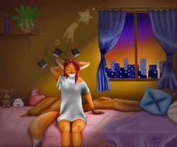  6:5 absurd_res anthro bed canid canine city closed_eyes clothing ears_down female fox fur furniture hair heart_symbol hi_res horn league_of_legends lingerie mammal marcus_poorner morning photography pivoted_ears plushie poro_(lol) red_body red_fur red_hair riot_games shooting_star solo teddy_bear tencent topwear 