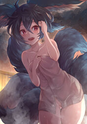  animal_ears ass_visible_through_thighs bad_id bad_pixiv_id bare_shoulders bath blue_hair blush collarbone commentary_request convenient_censoring covering_privates erune fangs female fox_ears fox_girl fox_tail granblue_fantasy hair_between_eyes highres holding holding_towel looking_at_viewer multiple_tails naked_towel nude nude_cover onsen red_eyes rock short_hair smile solo standing steam tail tail_raised towel water wet you_(granblue_fantasy) yue_(lov_n_n) 