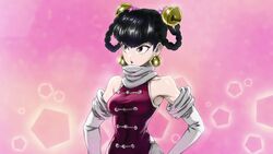  bare_shoulders bell bell_earrings black_hair braid braided_hair_rings breasts brown_eyes chinese_clothes commentary derivative_work dress earrings english_commentary female hair_rings highres jewelry jingle_bell lin_lin_(one-punch_man) medium_breasts narrow_waist one-punch_man pentagon_(shape) pink_background side_slit solo the_golden_smurf upper_body v-bangs 