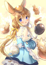  amedamacon animal animal_ears bare_shoulders blue_sleeves blush bow brown_hair commentary detached_sleeves dress female food food_on_head frilled_dress frills from_behind frying_pan fur-trimmed_sleeves fur_trim hair_between_eyes hairbow highres holding long_hair long_sleeves looking_at_viewer looking_back low_twintails object_on_head open_mouth original pancake rabbit rabbit_ears rabbit_girl rabbit_tail sleeveless sleeveless_dress sleeves_past_wrists solo tail twintails very_long_hair wide_sleeves winged_animal yellow_bow 