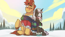  16:9 blush clothing duo equid equine eyewear fan_character female glasses gloves handwear hasbro hi_res hooves horn horse light262 male mammal my_little_pony mythological_creature mythological_equine mythology one_eye_closed plant pony raised_leg s.leech_(oc) scarf sharing_clothing sitting snow sweater topwear tree unicorn widescreen wink winking_at_partner winter 