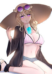  absurdres animal_ear_fluff animal_ears arknights bangs bikini black_jacket blonde_hair blue_nails breasts commentary cup drinking drinking_glass drinking_straw eyebrows_visible_through_hair eyewear_on_head female hair_ornament hand_up hat highres jacket large_breasts long_hair long_sleeves looking_at_viewer lucid_(125998966) nail_polish navel open_clothes open_jacket pink_bikini purple_eyes simple_background sitting smile solo stomach striped striped_bikini sun_hat sunglasses swimsuit thighs utage_(arknights) vertical-striped_bikini vertical_stripes wariza white_background wide_sleeves x_hair_ornament 