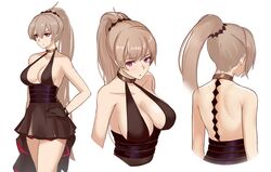  armpit_crease azur_lane backless_dress backless_outfit bangle bare_arms bare_shoulders black_dress black_gloves black_skirt bracelet breasts center_opening choker cleavage collarbone commentary cowboy_shot cropped_torso dress ear_piercing evening_gown female gloves halterneck hand_on_own_hip high-waist_sideboob high_ponytail highres jean_bart_(azur_lane) jean_bart_(uninhibited_bloodstone)_(azur_lane) jewelry large_breasts long_hair multiple_views official_alternate_costume piercing platinum_blonde_hair ponytail purple_eyes shoulder_blades sideboob sidelocks skirt sleeveless sleeveless_dress thighs very_long_hair zukanosuke 