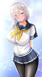  black_pantyhose blue_eyes blue_skirt breasts commentary eyes_visible_through_hair female grey_hair hair_ornament hair_over_one_eye hairclip hamakaze_(kancolle) highres kanna_(minamozuki) kantai_collection large_breasts miniskirt neckerchief pantyhose pleated_skirt school_uniform serafuku short_hair short_sleeves skirt smile solo standing yellow_neckerchief 