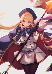  absurdres artoria_caster_(fate) artoria_caster_(second_ascension)_(fate) artoria_pendragon_(fate) belt belt_buckle buckle commentary_request cowboy_shot fate/grand_order fate_(series) female gloves hair_between_eyes hat highres holding holding_staff long_hair long_sleeves looking_at_viewer pantyhose photoshop_(medium) skirt solo staff standing suna_co twintails 