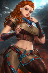  abs aloy_(horizon) blurry blurry_background braid breasts brown_pants cowboy_shot crop_top female focus_(horizon) freckles green_eyes hands_up horizon_(video_game) horizon_zero_dawn jewelry large_breasts long_hair midriff multiple_braids navel necklace neoartcore orange_hair pants parted_lips photoshop_(medium) realistic short_sleeves smile solo 