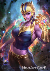  aqua_eyes artist_name avengers avengers:_infinity_war breasts cowboy_shot female genderswap_(mtf) infinity_gauntlet infinity_gems large_breasts looking_at_viewer marvel midriff navel neoartcore parted_lips rule_63 smile solo thanos watermark web_address 