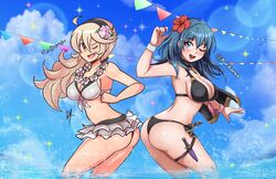  2girls ass bikini black_bikini black_hairband blue_eyes blue_hair blue_sky breasts byleth_(female)_(fire_emblem) byleth_(female)_(summer)_(fire_emblem) byleth_(fire_emblem) cleavage cloud collaboration commentary corrin_(female)_(fire_emblem) corrin_(female)_(summer)_(fire_emblem) corrin_(fire_emblem) dagger day english_commentary fire_emblem fire_emblem:_three_houses fire_emblem_fates fire_emblem_heroes flower from_side hair_flower hair_ornament hairband highres knife long_hair looking_to_the_side multiple_girls oerba_yun_fang official_alternate_costume one_eye_closed open_mouth outdoors patdarux raydango red_eyes sheath sheathed sky swimsuit thigh_strap twitter_username wading water weapon white_hair wreath 