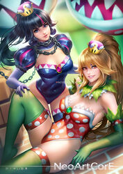  2girls abs bangs black_hair blonde_hair blue_eyes blunt_bangs breasts chains collar covered_navel crown elbow_gloves freckles gloves green_gloves green_legwear grin horns juliet_sleeves large_breasts leaf leotard lips long_hair long_sleeves looking_at_viewer mario_(series) medium_breasts multiple_girls neoartcore new_super_mario_bros._u_deluxe open_mouth piranha_plant ponytail princess_chain_chomp princess_piranha_plant print_leotard puffy_sleeves purple_gloves red_eyes sharp_teeth skindentation smile strapless strapless_leotard super_crown teeth thighhighs 