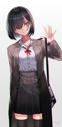  adjusting_strap artist_name bag black_hair black_skirt black_thighhighs bob_cut bow brown_jacket chromatic_aberration closed_mouth coat commentary cowboy_shot dress_shirt english_commentary female hair_over_one_eye hand_up head_tilt highres jacket light_blush lips long_bangs long_sleeves looking_at_viewer loose_hair_strand neck_ribbon open_clothes open_jacket original pleated_skirt red_bow red_ribbon ribbon rur_(ml_ruru) school_bag school_uniform shirt short_hair signature skirt solo thighhighs toggles trench_coat white_background white_shirt yellow_eyes zettai_ryouiki 