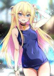  adjusting_hair blonde_hair blue_eyes blue_one-piece_swimsuit bracelet breasts cowboy_shot elf female highres highschool_elf_(nakahira_guy) jewelry multicolored_hair nakahira_guy necklace old_school_swimsuit one-piece_swimsuit original pointy_ears pool school_swimsuit sleeveless small_breasts solo sparkle streaked_hair swimsuit teeth thighs upper_teeth_only 