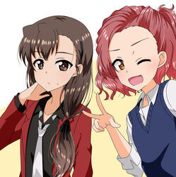  2girls ;d alternate_hairstyle bad_id bad_pixiv_id black_shirt blazer blue_sweater brown_eyes brown_hair closed_mouth commentary_request dress_shirt frown girls_und_panzer hair_ornament hair_over_shoulder hairclip half_updo hand_in_own_hair highres jacket leaning_forward long_hair long_sleeves looking_at_viewer low-tied_long_hair medium_hair multiple_girls necktie one_eye_closed open_mouth orange_eyes red_hair red_jacket reverse_trap rosehip_(girls_und_panzer) rukuriri_(girls_und_panzer) shirt smile sweatdrop sweater sweater_vest tanutika upper_body v-neck w white_necktie white_shirt 