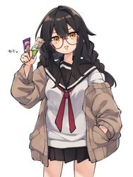  :d black_hair black_sailor_collar black_skirt blush braid breasts brown_cardigan brown_eyes cardigan commentary_request female glasses hair_between_eyes hand_in_pocket hand_up highres holding long_hair looking_at_viewer natsuki_teru necktie null-meta off_shoulder open_cardigan open_clothes open_mouth pleated_skirt red-framed_eyewear red_necktie sailor_collar school_uniform serafuku shirt simple_background skirt small_breasts smile solo souen_chiaki standing translation_request twin_braids v-shaped_eyebrows white_background white_shirt 