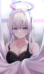  black_bra blue_archive blunt_bangs bra breasts cleavage closed_mouth collarbone commentary_request female halo highres hojiro_same large_breasts looking_at_viewer mechanical_halo noa_(blue_archive) partial_commentary pink_eyes smile solo underwear upper_body white_hair 