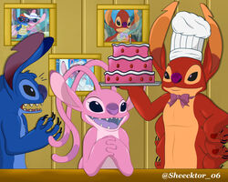  2021 6_arms alien angel_(lilo_and_stitch) antennae_(anatomy) black_claws black_eyes blue_body blue_fur blue_nose bow_tie cake chef_hat claws clothing dessert disney ear_markings experiment_(lilo_and_stitch) experiment_627 eyelashes facial_markings female food fur group hands_together happy hat head_markings headgear headwear hi_res lilo_and_stitch long_antennae long_ears male markings multi_arm multi_limb muscular muscular_male notched_ear open_mouth open_smile pawpads photo pink_body purple_eyes purple_nose red_body red_pawpads sharp_teeth sheecktor shocked smile stitch! stitch_(lilo_and_stitch) teeth 