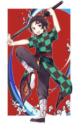  1boy :d absurdres adapted_costume black_footwear black_pants border brown_hair checkered_haori chinese_clothes earrings from_side highres holding holding_sword holding_weapon jewelry kamado_tanjirou katana kimetsu_no_yaiba leg_lift looking_at_viewer makura_(makura0128) male_focus open_mouth outstretched_hand pants pose red_background salute scar scar_on_face scar_on_forehead smile solo standing standing_on_one_leg sword two-finger_salute weapon white_border 