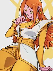  arm_at_side arm_support breasts chronoa colored_skin commentary_request cowboy_shot diadem dragon_ball dragon_ball_heroes dragon_ball_xenoverse earrings eyelashes female fingernails gold_diadem grey_background hand_up happy jewelry kemachiku large_breasts long_hair looking_at_viewer obi open_mouth orange_hair pants pink_skin potara_earrings sash shoulder_pads simple_background smile solo spiked_hair teeth upper_teeth_only yellow_eyes yellow_pants yellow_sash 