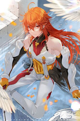  1boy ahoge arm_guards artist_name bird black_sleeves blurry blurry_foreground commentary_request crossed_legs dated detached_sleeves earrings fate/grand_order fate_(series) feathered_wings feet_out_of_frame hair_between_eyes hand_on_own_knee highres jewelry light_smile long_hair looking_at_viewer looking_up male_focus outdoors pants partially_submerged rama_(fate) red_eyes red_hair satoimo_(3311_mi) shirt sidelocks sitting smile solo white_pants white_shirt wings 