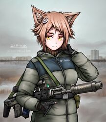  animal_ears arm_up artist_name black_gloves brown_hair building bullpup coat down_jacket dragunov_svu female fingerless_gloves gloves gun hair_ornament hand_in_pocket highres jacket long_sleeves looking_to_the_side original over_shoulder rifle russian_text scope short_hair sniper_rifle solo standing suppressor translated turtleneck watch weapon weapon_over_shoulder winter_clothes yellow_eyes zap-nik 