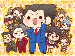  &gt;_&lt; 4girls 6+boys ascot black_hair blue_badger blue_hair blush brown_hair chibi cup dick_gumshoe facial_hair godot_(ace_attorney) grey_hair gyakuten_saiban hair_bun hand_in_pocket head-mounted_display jacket jewelry karuma_mei larry_butz long_hair long_sleeves magatama magatama_necklace maya_fey mia_fey miles_edgeworth mole mole_under_eye mole_under_mouth mug multiple_boys multiple_girls naruhodou_ryuuichi necklace necktie open_mouth pants pearl_fey phoenix_wright:_ace_attorney phoenix_wright:_ace_attorney_-_justice_for_all phoenix_wright:_ace_attorney_-_trials_and_tribulations single_hair_bun skirt smile stubble the_judge_(ace_attorney) yumaru_(marumarumaru) 