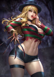  a_nightmare_on_elm_street bishoujo_terror black_bra black_hat blonde_hair blood blood_on_hands blurry blurry_background blush bra breasts clawed_gauntlets cowboy_shot female freddy_krueger freddy_krueger_(bishoujo_terror) genderswap_(mtf) gloves hat kotobukiya_bishoujo large_breasts licking licking_finger lingerie long_hair long_sleeves looking_at_viewer mole mole_under_eye neoartcore open_mouth patreon_username photoshop_(medium) rule_63 short_shorts short_sleeves shorts single_glove solo thighhighs underwear yellow_eyes 