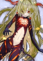  absurdres astaroth_(illusion_connect) blonde_hair cowboy_shot female highres horns illusion_connect korpokkur_kne long_hair looking_at_viewer navel red_eyes red_horns solo very_long_hair 