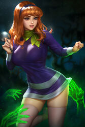  breasts commentary daphne_ann_blake dress english_commentary female ghost green_neckwear groping hairband hands hands_up large_breasts long_hair long_sleeves magnifying_glass neoartcore open_mouth orange_hair paid_reward_available patreon_username photoshop_(medium) pink_nails pink_thighhighs purple_dress purple_eyes purple_hairband scooby-doo skindentation solo thighhighs watermark 