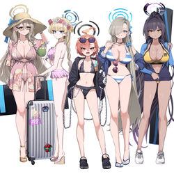  5girls absurdres ahoge akane_(blue_archive) alternate_costume ass asuna_(blue_archive) asymmetrical_bangs bag bare_legs bikini bikini_skirt black-framed_eyewear black_bikini black_hair blue_archive blush bracelet braid braided_ponytail breasts brown_bikini chains cleaning_&amp;_clearing_(blue_archive) cleavage coconut_cup commentary crocs eyewear_hang eyewear_on_head feet fingernails flat_chest floral_print frilled_bikini frills full_body glasses gradient_hair hair_ornament hair_over_one_eye hair_scrunchie halo hat head_wreath highres holding holding_bag jacket jewelry karin_(blue_archive) large_breasts legs long_bangs long_hair looking_at_viewer medium_breasts mole mole_under_eye multicolored_hair multiple_girls nail_polish navel neru_(blue_archive) neru_(swimsuit)_(blue_archive) one_eye_covered partially_unzipped pink_bikini pink_jacket pizzasi platform_footwear ponytail purple_hair rolling_suitcase sandals scrunchie shoes short_hair side-tie_peek simple_background sneakers stomach straight_hair straw_hat striped_bikini striped_clothes suitcase sunglasses swimsuit tinted_eyewear toenail_polish toenails toes toki_(blue_archive) unworn_eyewear very_long_hair white_background yellow_bikini 