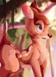  2021 bambi_(film) blue_eyes brown_body brown_fur conditional_dnp deer detailed_background disney faline_(bambi) feral fur hi_res light lighting mammal mule_deer new_world_deer outside shaded solo tohupo 