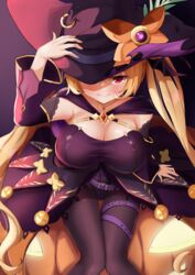  armpits azur_lane blonde_hair blush breasts cape cleavage covered_navel detached_sleeves embarrassed female from_above gem halloween halloween_costume hat highleg highleg_leotard highres jack-o&#039;-lantern large_breasts leotard long_hair looking_at_viewer looking_up nelson_(azur_lane) nelson_(luna_witch)_(azur_lane) official_alternate_costume pantyhose purple_cape purple_leotard red_eyes red_gemstone shinka_(yonkun121) sitting solo strapless strapless_leotard taut_leotard thigh_gap thigh_strap twintails witch_hat 