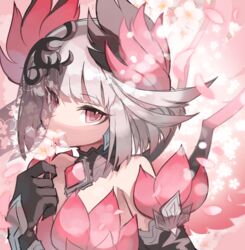  alternate_color bare_shoulders black_gloves commentary_request covered_mouth dress female flower gloves grey_hair hand_up highres holding holding_flower kuuron_(moesann17) looking_at_viewer petals pink_dress pink_eyes puzzle_&amp;_dragons reeche_(p&amp;d) see-through solo upper_body veil white_flower 