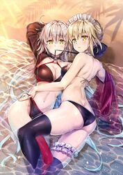  2girls artoria_pendragon_(alter_swimsuit_rider)_(fate) artoria_pendragon_(alter_swimsuit_rider)_(second_ascension)_(fate) artoria_pendragon_(fate) ass bikini bikini_bottom_lift black_bikini black_choker black_jacket braid breasts bridal_garter butt_crack choker cleavage commentary_request fate/grand_order fate_(series) french_braid frills highres jacket jeanne_d&#039;arc_alter_(fate) jeanne_d&#039;arc_alter_(swimsuit_berserker)_(fate) koyuki_(kotatsu358) large_breasts linea_alba looking_at_viewer lying maid maid_bikini maid_headdress median_furrow medium_breasts multiple_girls navel o-ring o-ring_bikini o-ring_bottom o-ring_top on_back on_side orange_background outdoors palms red_legwear shallow_water shiny shiny_clothes shoulder_blades shrug_(clothing) single_thighhigh swimsuit thighhighs unconventional_maid unworn_jacket water yellow_eyes 