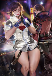  1boy arena black_hair breasts brown_eyes brown_hair carlos_morilla collarbone cracking_knuckles eye_contact female fingerless_gloves gloves hair_between_eyes highres kazama_asuka looking_at_another looking_at_viewer miguel_caballero_rojo short_hair shorts smile tekken tekken_7 thick_thighs thighs 